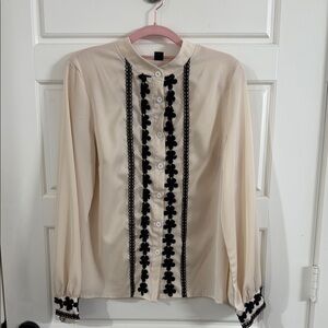 SHEIN Cream and Black Embellished Blouse with Mandarin Collar